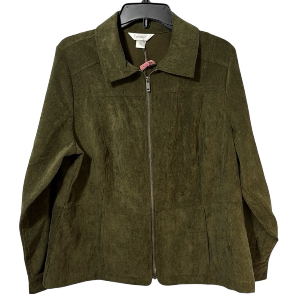 CJ Banks Jacket Olive Green Zip Front Faux Suede in Size X/14W  NWT